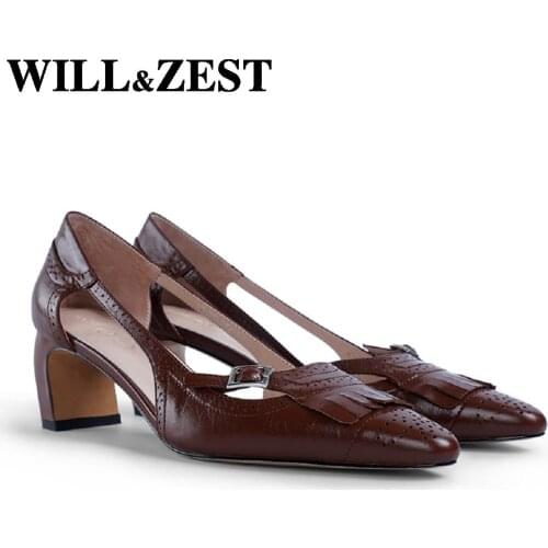 Will&Zest Fringe Sandals Brogue Summer Women Footwear Block Heel Shoes Woman Big Size Dress Ladies 2020 Luxury Female Pumps