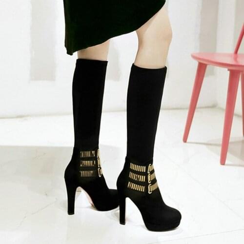 Autumn Winter Women Boots Imitation Suede Fashion Knee High Boots Ladies Thick Soled Square Heel Stretch High Heeled Boots Black