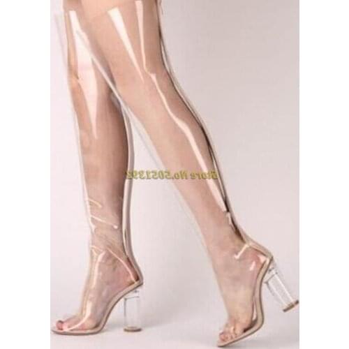 Clear PVC Block Heels Women Boots Over The Knee Pointed Toe Transparent High Heels Gladiator Thigh High Boos Celebrity Shoes