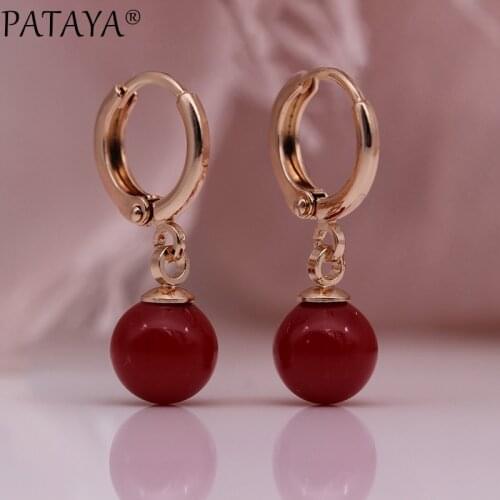 PATAYA New 585 Rose Gold Round Red Shell Pearl Dangle Earrings Women Wedding Party Fashion Jewelry Long Earring Cute Accessories