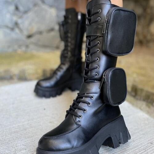 Womens winter autumn fashion boots new season faux leather Materıal black Layd shoes raund foot high-heeled lace