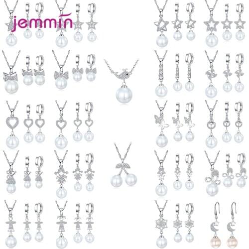 Shiny Cubic Zirconia Heart Shape Freshwater Pearl Jewelry Sets 925 Sterling Silver Women/Girls Pearl Necklaces Drop Earrings