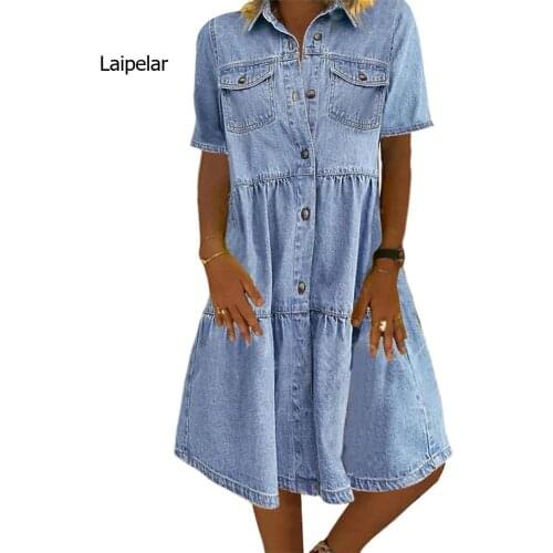 Summer Women Denim Knee-Length Dress Button Down Short Sleeve Turn Down Neck Loose Dress Fashion Casual Chic Vintage Vestidos