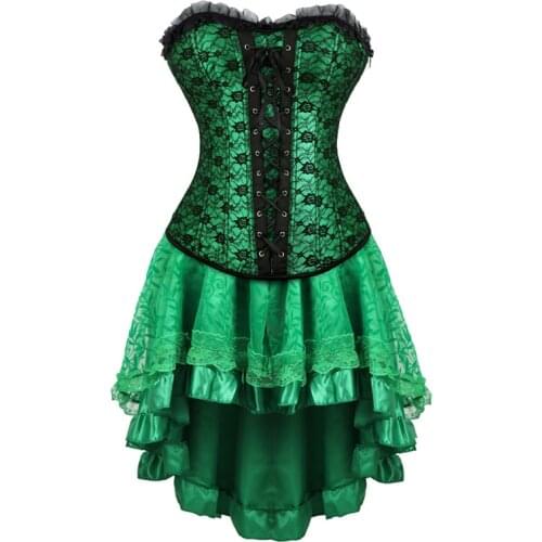 Women Burlesque Lace Trim Corset Dress Sexy Gothic Corsets and Bustiers with Skirt Vintage Poison Ivy Cosplay Costumes Plus Size