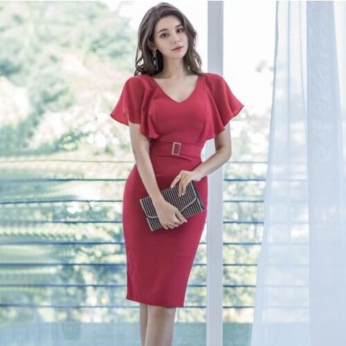 Fashion Summer Vintage Butterfly Sleeve Midi Party Dress Ladies Elegant OL Streetwear Casual V-Neck Bodycon Skinny Pencil Dress