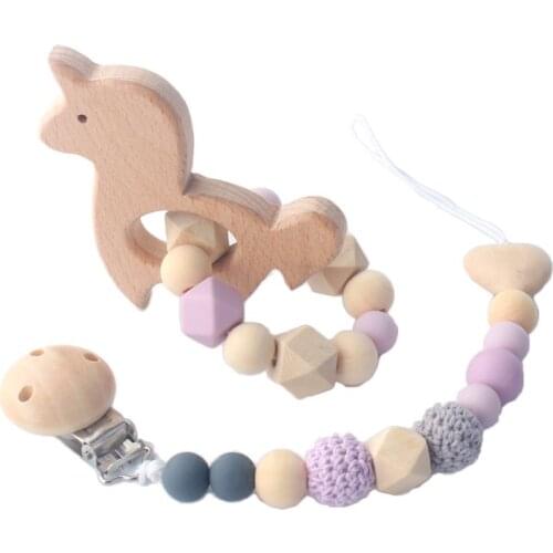 2Pcs/set Wood Baby Teeth Chew Toys Silicone Nipple Chain Teething Bracelet Toy D0AF