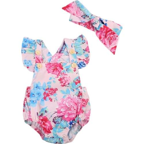 2021 Fashion Newborn Baby Girl Clothes Flower Print Sleeveless Romper Jumpsuit Headband 2Pcs Outfits Cotton Clothes