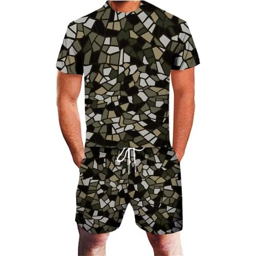 64# 2021 Summer Casual T Shirt Shorts Two-piece Suit Men 3d Geometric Abstract Print Running Sports Fitness Set Ropa Hombre