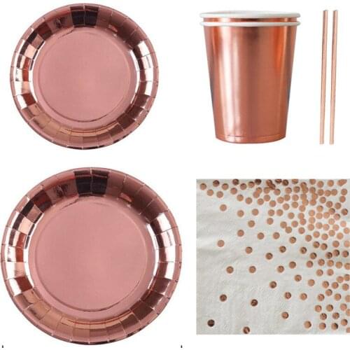 65pcs/Set Party Supplies Baby Shower Bronzing Theme Disposable Birthday Party Decoration For Children Rose Gold Paper