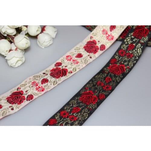 9yards/lots Woven Jacquard Ribbon 3.3cm white and black background gold flowers pattern LS-9428