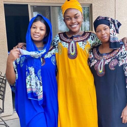 African Dresses For Women Plus Size Boubou Ankara Dashiki Stripe Print Long Dress Woman Nigerian Headtie Muslim Hijab BDD-21