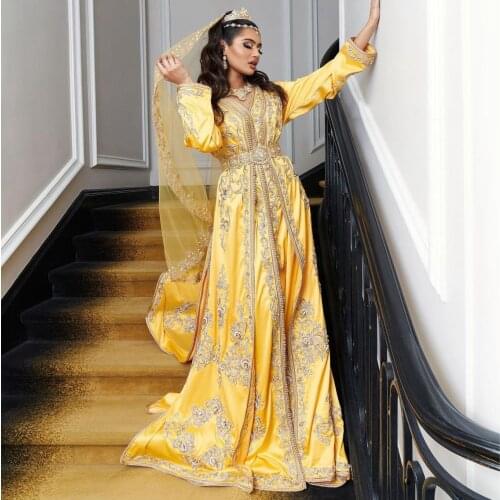 Yellow Elegant Exquisite Moroccan Caftan Evening Dress A-Line Floor Length Applique Long Sleeves Special Occasion Prom Dress