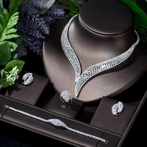 HIBRIDE Vintage Women Bridal Wedding Party Jewelry Set Zircon Necklace Earring Bracelet and Ring Set Conjunto de joyas N-266