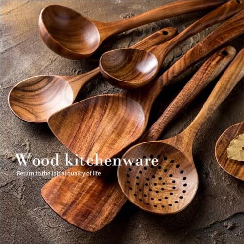Cooking Tools Teak Natural Wood Tableware Nonstick Spatula Cooking Long Handle Ladle Wooden Slotted Spoon Kitchen Accessories