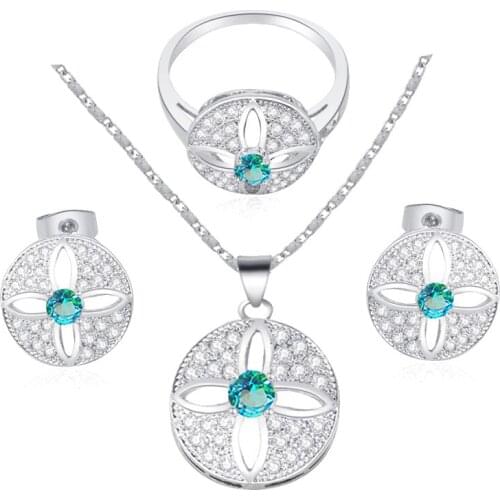 ROLILASON silver color filled Austrian Light blue AAA Zircon flower Crystal Earring Necklace Ring size #8 #9 Jewelry Set JS543