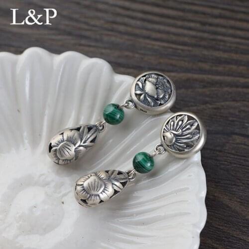 L&P Fine Jewelry Long Drop Earrings Vintage Natural Malachite Women Silver Handmade Hollow Earrings Brincos