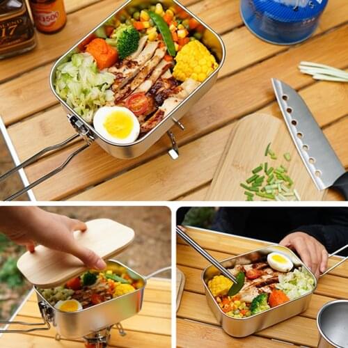 Dual Use Stainless Steel Lunch Box with Bamboo Wooden Cutting Board Cover Outdoor Camping Hiking Picnic Supplies