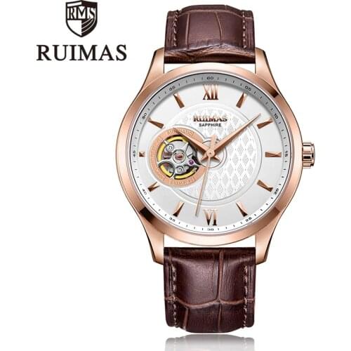 Ruimas Watches Men Luxury Top Brand New Fashion Genuine Leather Belt Transparent Automatic Mechanical Wristwatch Male Clock