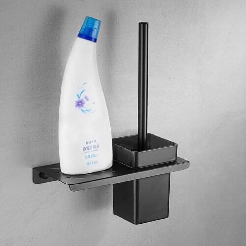 Punch Free Bathroom Toilet Brush Holder Set Space Aluminum Cleaning Brushes with Storage Racks Black Matte Bathroom Acceaaories
