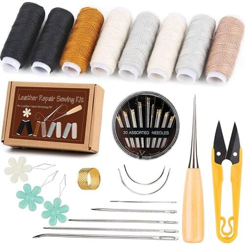 MIUSIE Leather Sewing Kit Leather Needle Sewing Thread Sewing Awl for Leather Hand Stitching Beginners Starter with Storage Box