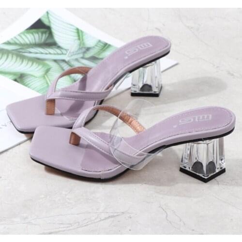 New Summer Women Square Toe Slippers Flip Flop Ladies High Heels Sandals Womens Casual Female Footwear Transparent Heel hy193