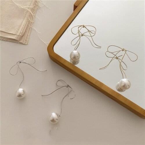 Vintage Korea Big Round Simulated Pearl Bowknot Earrings for Women Ladies Gold Color Metal Large Drop Earrings Wedding Jewelry