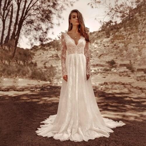 V-neck A-line Long Sleeves France Wedding Dress Lace Open Back Outdoor Bridal Dress trajes de novias 2020 nuevos