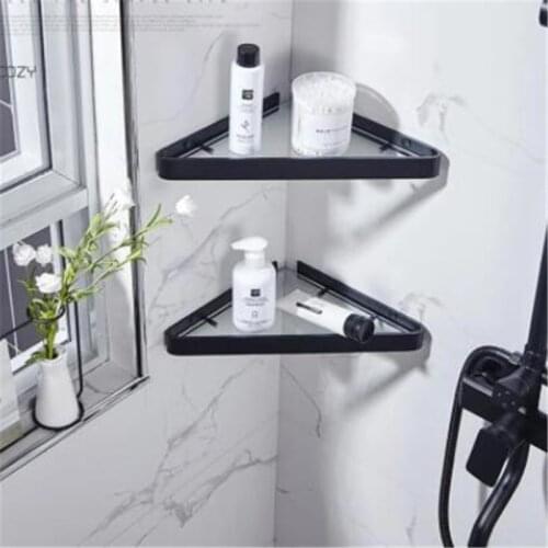 Bathroom Shelf Corner Storage Aluminum Glass Shower Black Rack Suction Basket
