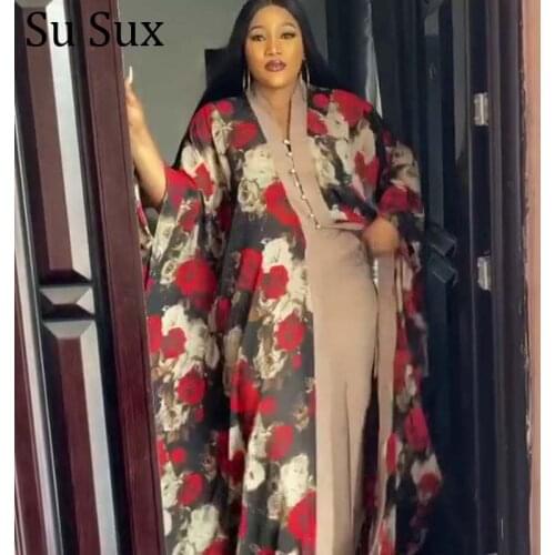 Chiffon Floral Pant Suit African Dresses For Women Plus Size 2 Piece Sets African Clothes Bat Sleeve Long Top and Pant Outfits