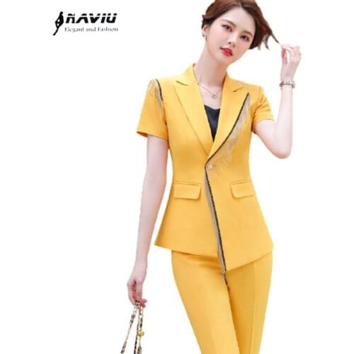 Yellow Suits Women 2021 Summer Short Sleeve Fashion Temperament High End Formal Slim Blazer And Pants Office Ladies Work Wear