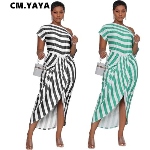 CM.YAYA Women Off Shoulder Striped High Split Irregular Dress for Classic Brand Streetwear Dresses