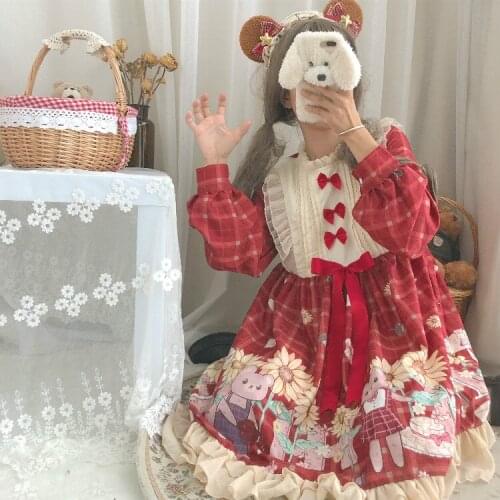 Sun Flower Bear Sweet Womens Lolita OP Dress Long Sleeve Dress Cute Plaid Checks One Piece 2019 Autumn Red & Beige