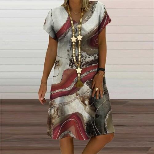Vintage Print Mini Dress for Womens Summer Autumn 2021 New Streetwear V-Neck Short Sleeve Oversized Loose Casual Dresses Ladies