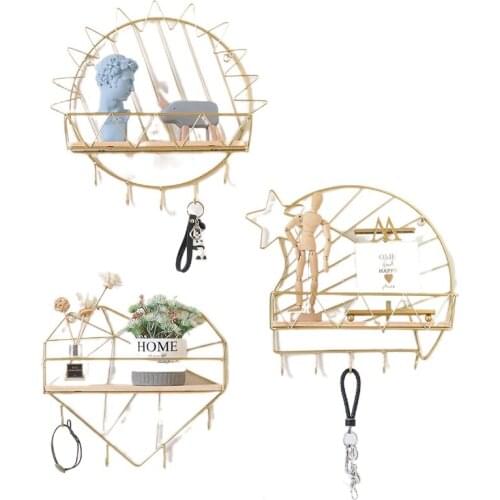 Gold Iron And Wooden Storage Basket With Hook Nordic Key Holder Wall Hanging Hanger Home Decoration Accessories For Living Room