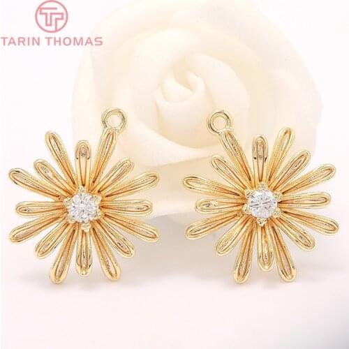 4PCS 16x18MM Hole 1MM 24K Gold Color Brass with Zircon Flowers Pendants Charms High Quality Diy Jewelry Findings Accessories
