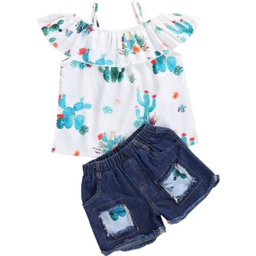1-6Years Baby Girls 2Pcs Clothes Set Strap Off Shoulder Tops Cactus Shirt Ripped Hole Denim Shorts Fashion Summer Sunsuit