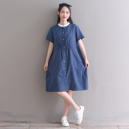 2018 summer fashion short sleeve casual dress women large size striped cotton dress