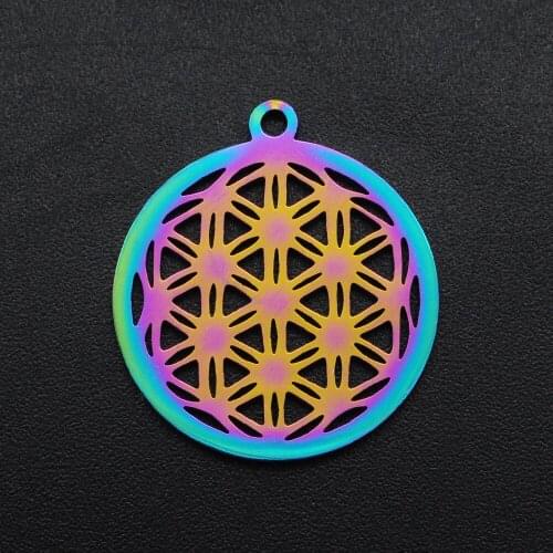 5pcs/lot 100% Stainless Steel Rainbow Flower Of Life DIY Charm Pendant Wholesale Top Quality Jewelry Necklace Charms