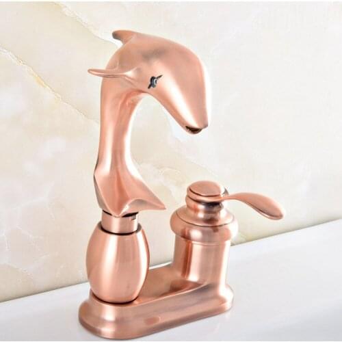 Antique Red Copper Dolphin shape 2 Hole Bathroom Faucet Kitchen Swivel Faucet Hot And Cold Mixer Taps Nsf837