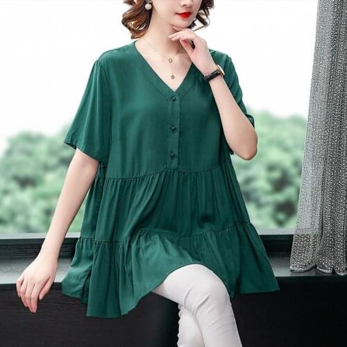 Womens Spring Summer Style Blouses Shirts Womens V-neck Solid Color Button Short Sleeve Elegant Loose Oversize Tops SP703