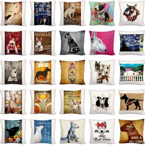 Cute Pet Cushion Cover Printed Bull Terrier Pillow Case Home Room Car Decorative Cushion Cover linen 45X45cm Fashion Dog Cojines