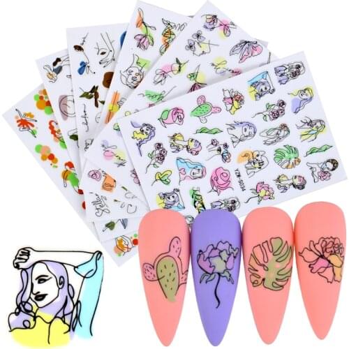1pcs Black Nail Decals Water Nail Stickers Abstract Face Animals Flower Leaf Design Nail Art Slider Wraps Decorations Sticker
