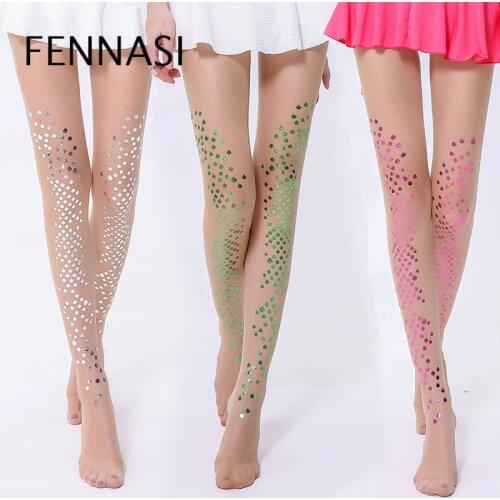 FENNASI Colored Dance Tights Nylons Lady Sexy Shiny Pantyhose Women Fish Scale Sequins Polka Dot Tights Sticky Woman Pantyhose