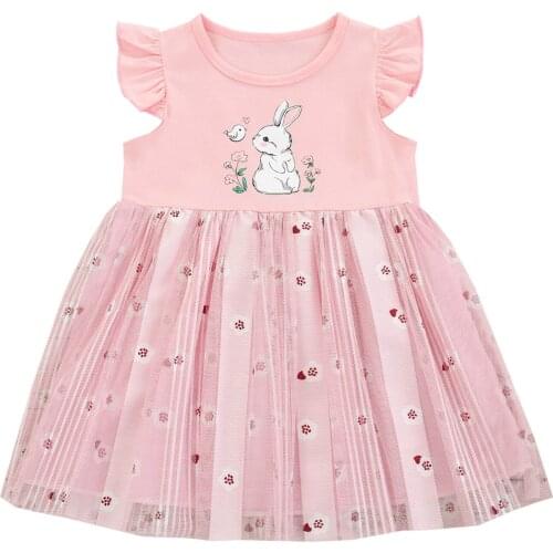 Kid Baby Girl Clothes Summer Ruffles Fly Sleeve Dress Cartoon Easter Bunny Mesh Yarn Stitching A-line Princess Dress 18M-6T