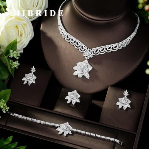 HIBRIDE Luxury Flower Shape 4pcs Nigeria AAA Cubic Zircon Jewelry sets for Women Wedding Dubai White Color Bridal Jewelry N-971