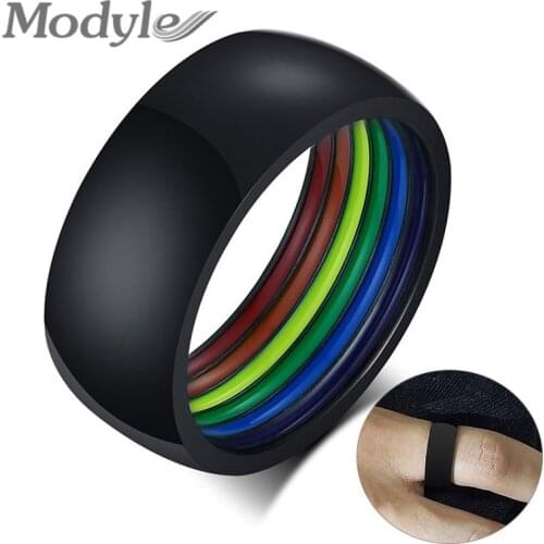 Modyle New Fashion 8MM Minimalist Style Black Gold Silver Color Stainless Steel LGBT Pride Rings for Women Men Rainbow Jewelry