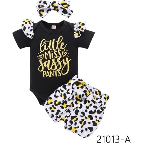 2021 Fashion Newborn Toddler Baby Girls Clothes Sets Leopard Print Short Sleeve Romper Tops Bow Shorts Headband 3pcs Outfit Set
