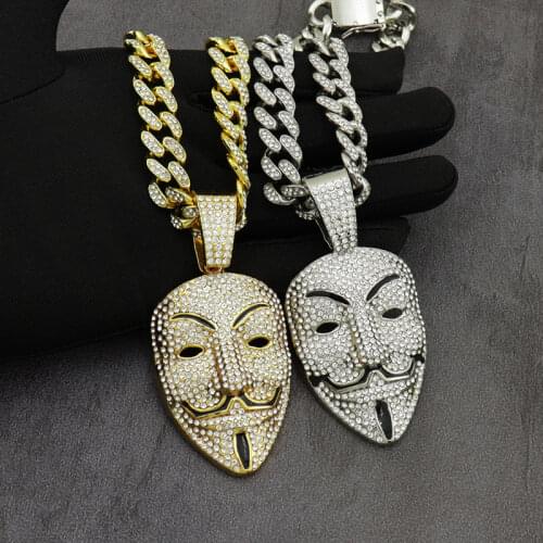 Cubic Zircon V For Vendetta Pendant Necklace For Men Jewelry Crystal Cuban Chain Anonymous Hacker Mask Charm Choker