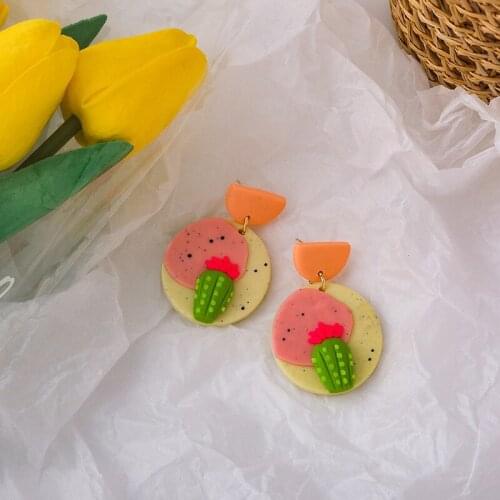 Cute Funny Circle Geometrical Cactus Dangle Earring for Women Girls Textured Contrast Color Plant Polymer Clay Earring Jewelry