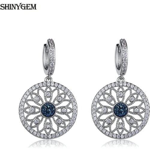 ShinyGem Trendy 2020 Round 4mm Natural Crystal Druzy Earrings Flower Hollow Drop Dangle Inlay Zircon Earrings For Women Wedding